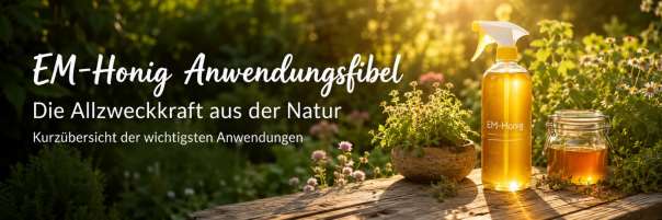 Titelmotiv der EM-Honig-Anwendungsfibel mit Sprühflasche und Honigglas im Garten